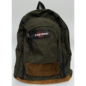 Vintage Eastpak Backpack Green Brown Suede 15”x19” Made in USA School Travel Bag
